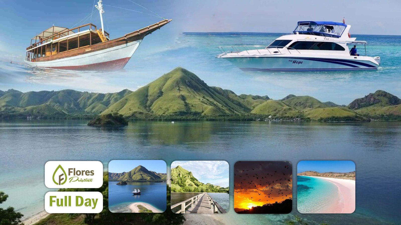 Motorized wooden boat sailing on a clear blue sea heading towards Rinca Island.