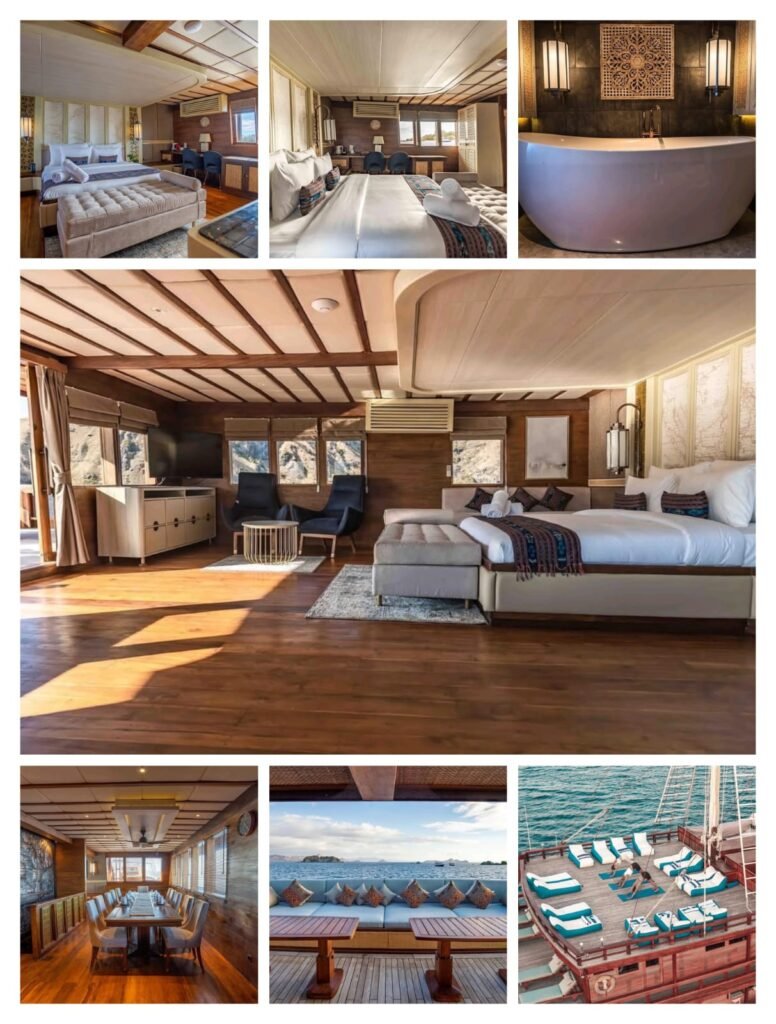 Luxury Boat Trip Komodo featuring elegant phinisi yacht, crystal-clear waters, and scenic island views with Flores Pristine Tour.