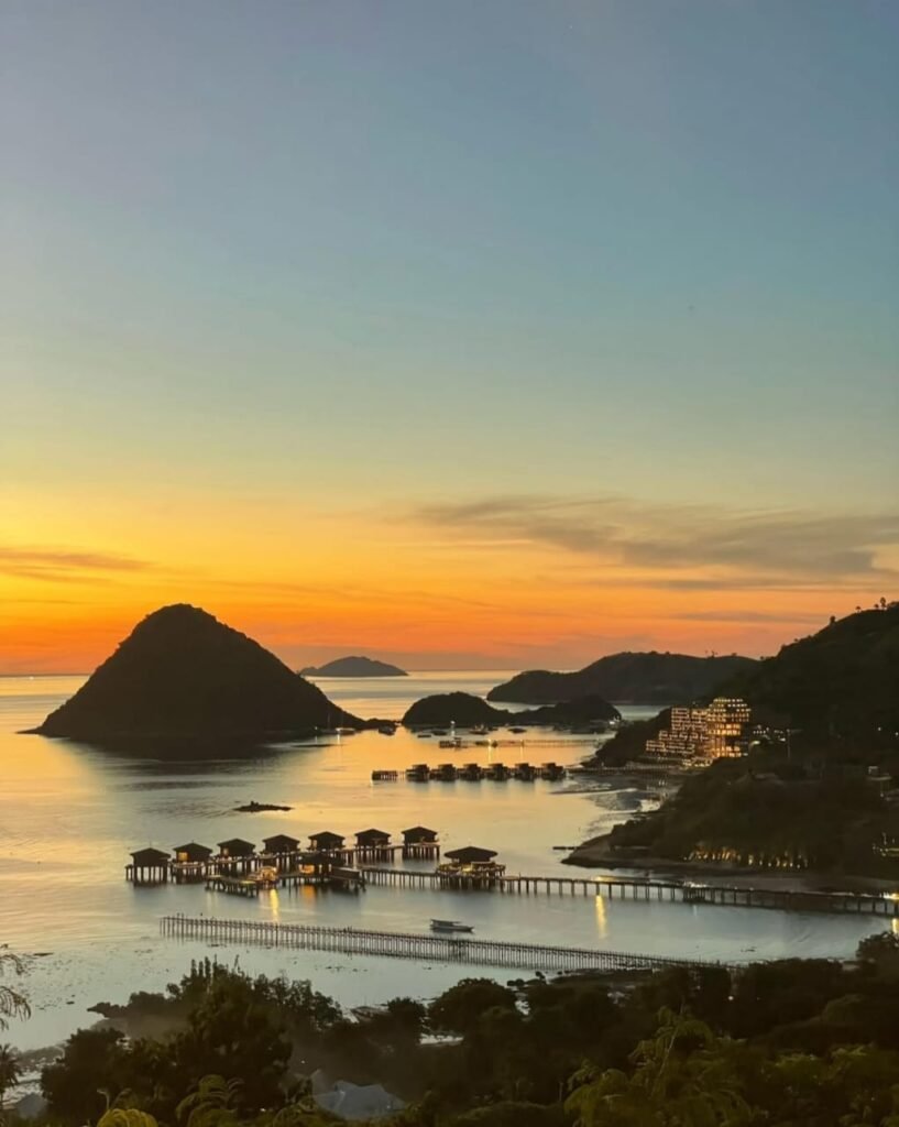 Stunning sunset over Labuan Bajo coastline, Flores, Indonesia.