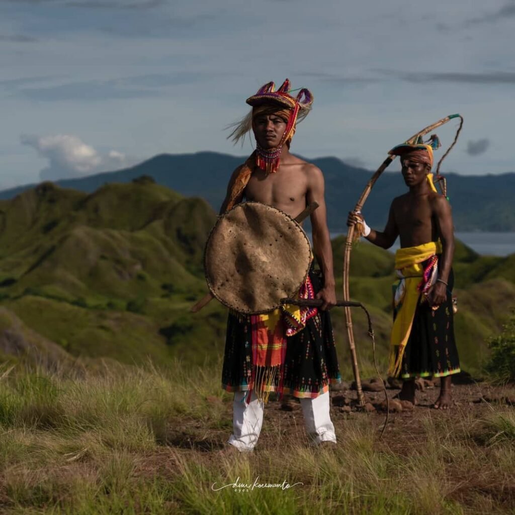 Traditional Caci whip dance performance in Flores, Indonesia, showcasing dancers in vibrant costumes demonstrating ritual combat and cultural heritage.