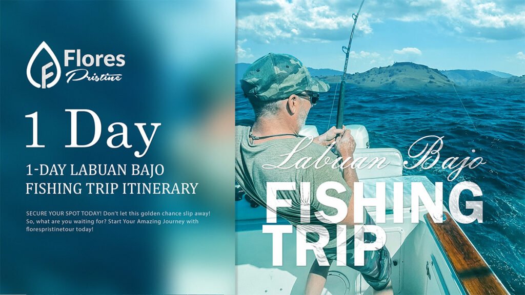A detailed one day fishing trip itinerary in Labuan Bajo The image shows the traditional fisherman's boat, several fishing spots, and a promising fish catch.