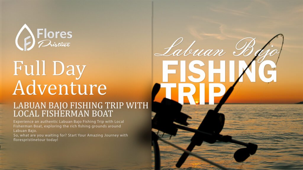 A local fisherman's wooden boat sailing on the deep blue waters of Labuan Bajo with lush, hilly islands in the background, carrying tourists on a full-day fishing adventure.