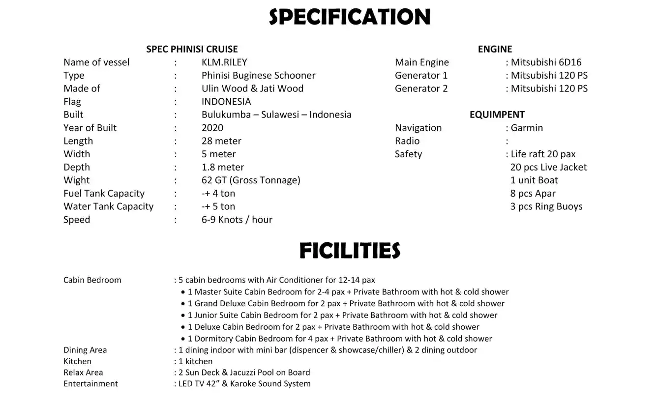 Riley boatdeluxe | flores komodo tour organizer Specification