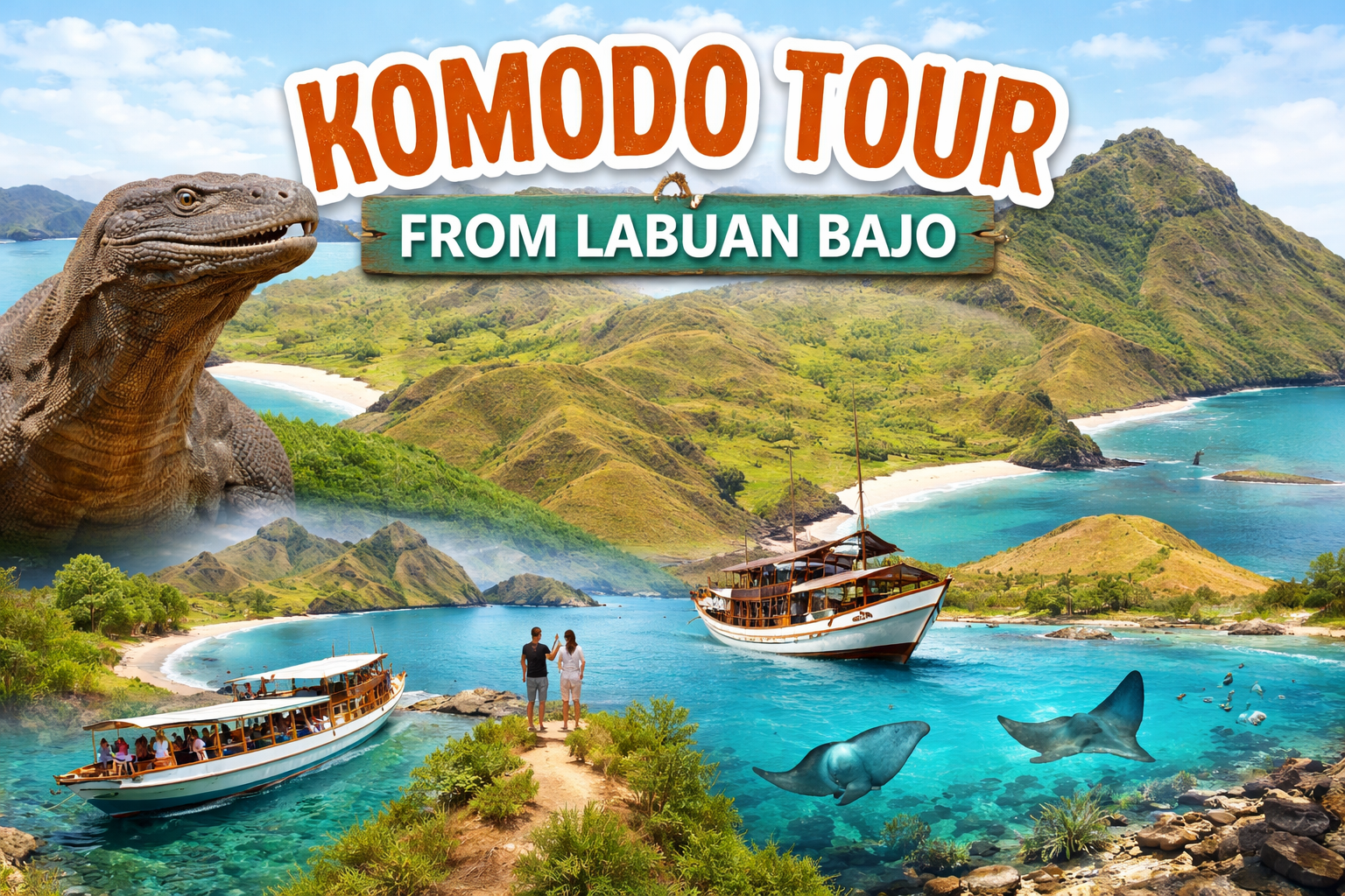Komodo Tour from Labuan Bajo featuring Komodo dragons Padar Island traditional boats and snorkeling spots in Komodo National Park