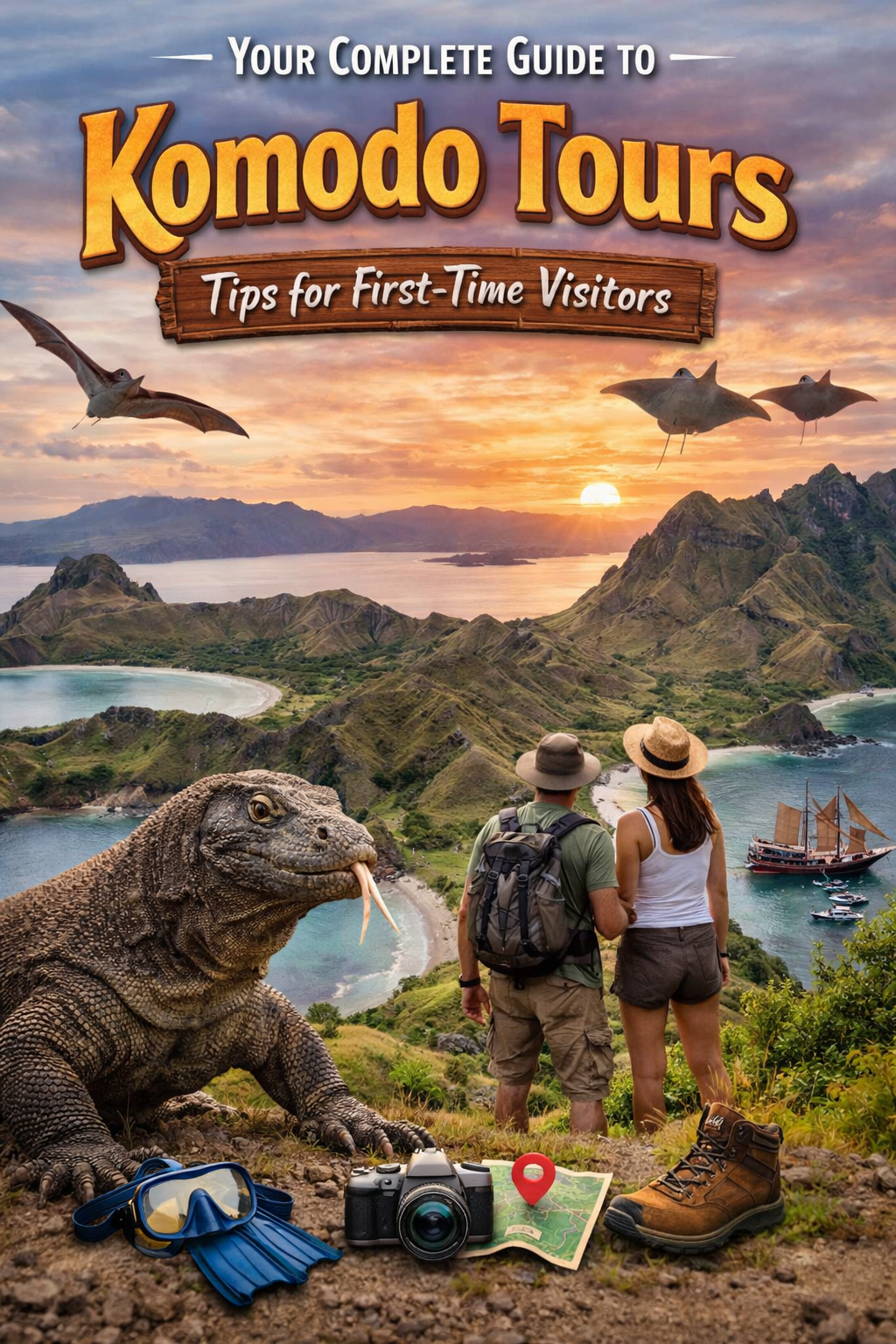 Couple overlooking Padar Island and Komodo National Park at sunset with a Komodo dragon snorkeling gear hiking boots camera and map in the foreground manta rays fly in the sky