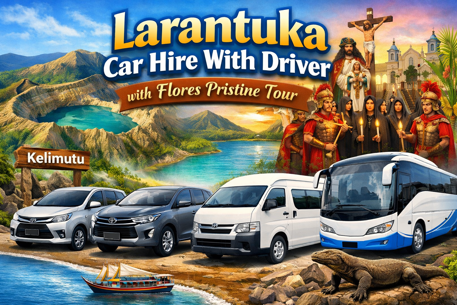 Larantuka car hire with driver Flores Pristine Tour featuring Avanza Innova Hiace and bus with Kelimutu and Semana Santa festival