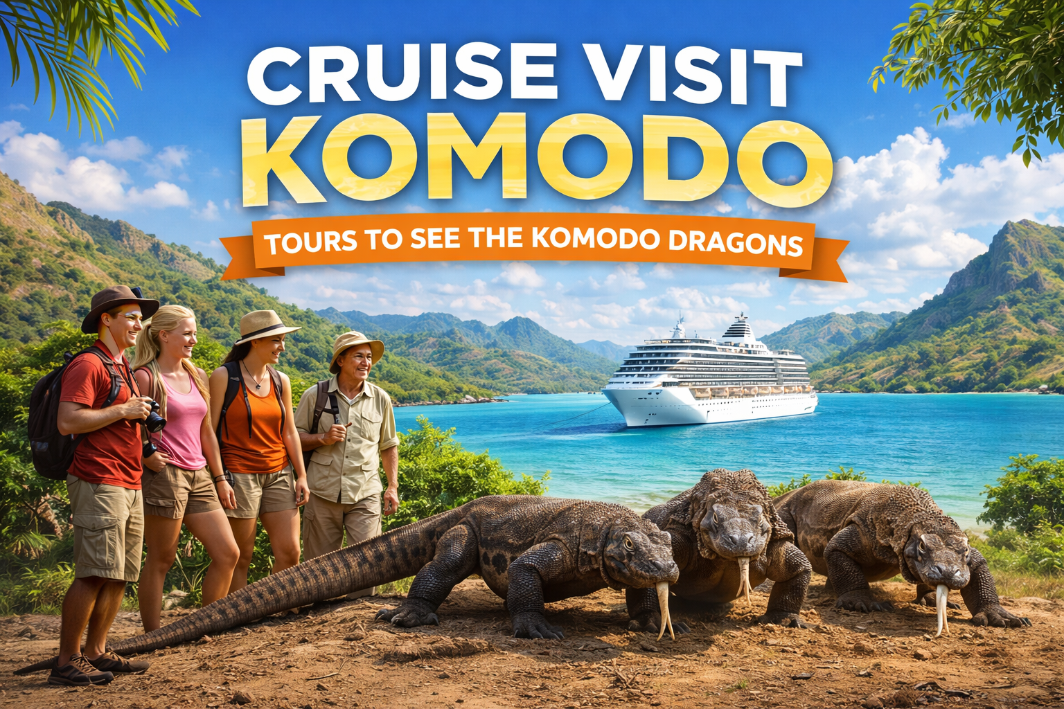 Cruise ship visit Komodo Island with tourists and Komodo dragons in scenic bay