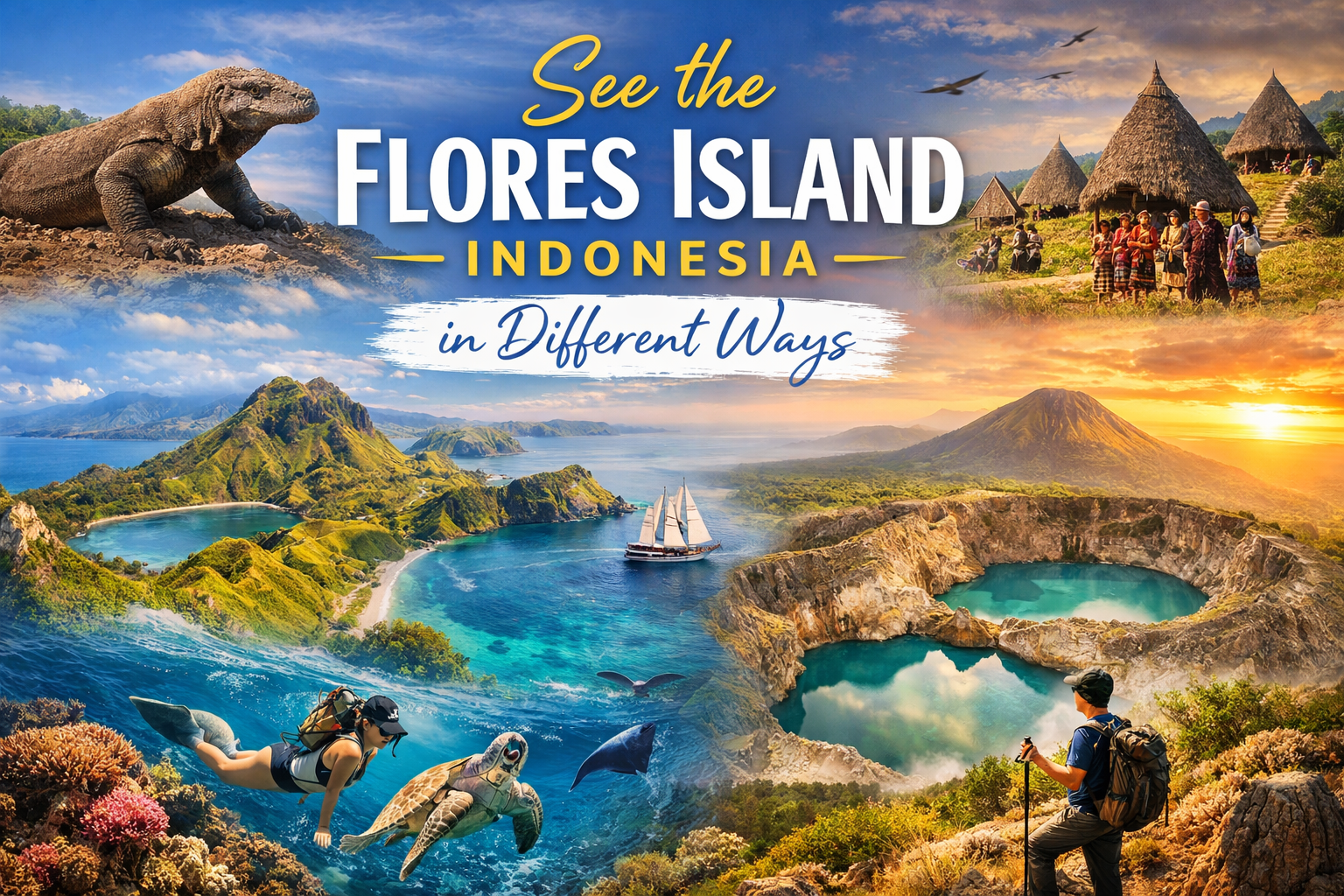 See the Flores Island, Indonesia in Different Ways – a vibrant collage featuring Komodo dragons, Padar Island landscapes, Kelimutu crater lakes, snorkeling, sailing, and local village life in Flores, Indonesia.