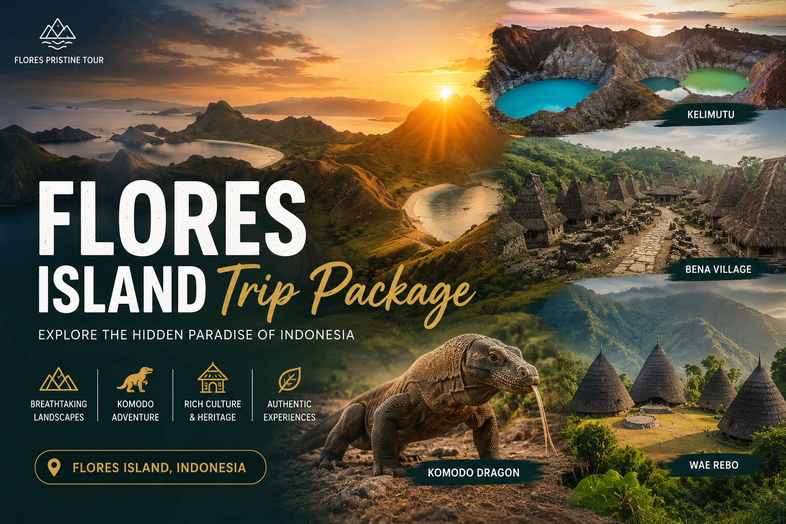 Flores Island Trip Package featuring Komodo dragon Kelimutu lakes and traditional villages