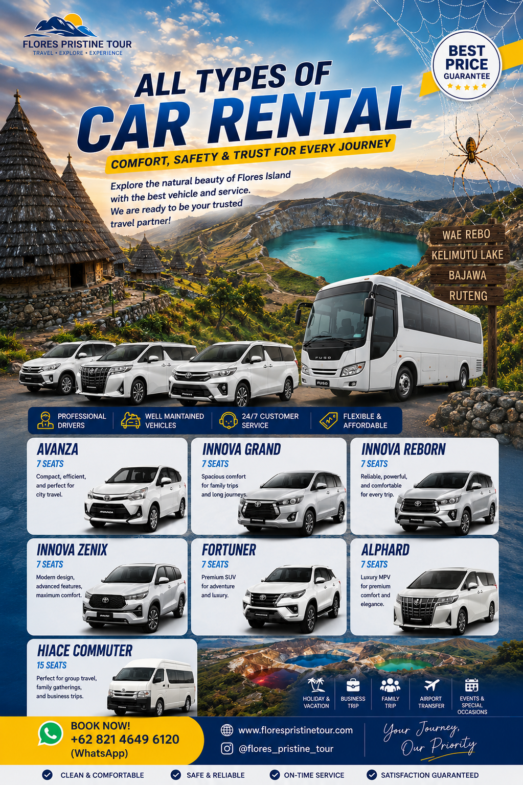 Flores Pristine Tour car rental flyer featuring luxury cars and bus transportation services in Flores Island with scenic backgrounds of Kelimutu Lake, traditional Flores villages, spider web rice fields, and mountain landscapes.