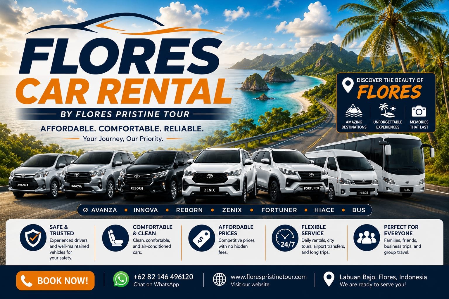 Flores Car Rental by Flores Pristine Tour featuring Avanza Innova Reborn Zenix Fortuner Hiace Mini Bus and Big Bus with scenic Flores Island background in Indonesia