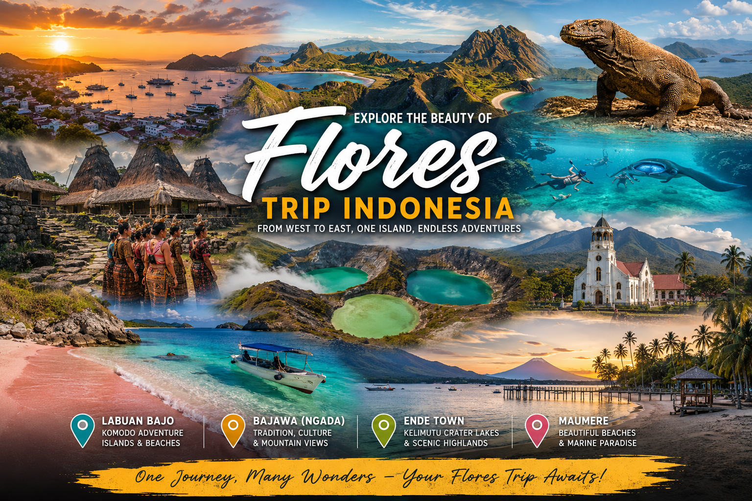 Collage poster promoting Flores Indonesia sunset harbor with boats dramatic coastline and volcanic mountains a large Komodo dragon on a hill turquoise lagoons traditional thatched houses people in colorful village dress a white church palm fringed beaches and a sunset skyline with the headline Flores Trip Indonesia