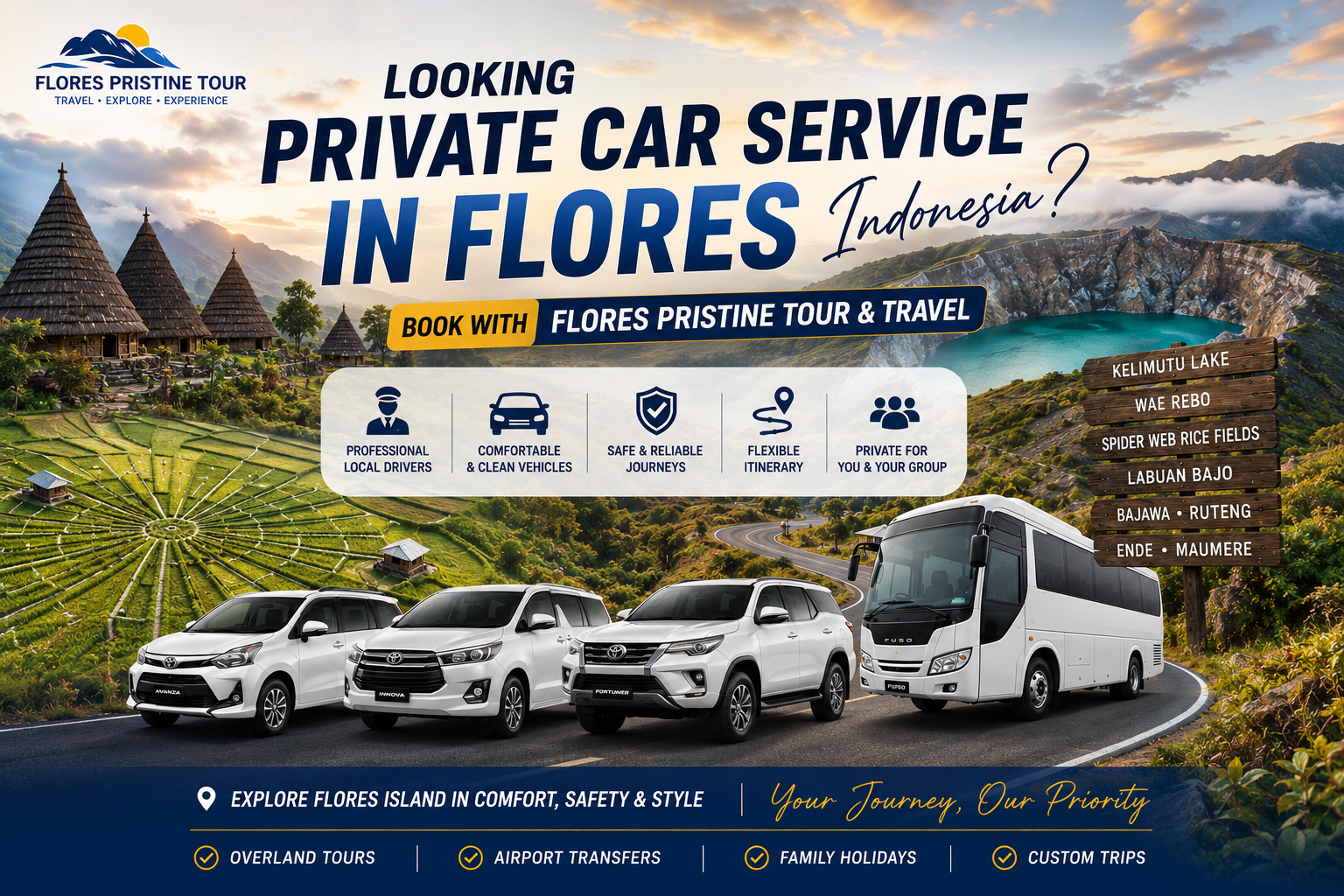 Private Car Service in Flores promotional banner by Flores Pristine Tour featuring private cars and bus transportation with scenic views of Kelimutu Lake, Wae Rebo traditional village, and Ruteng spider web rice fields in Flores Island, Indonesia