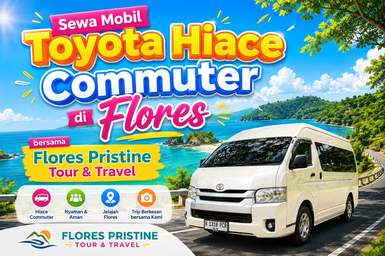 Sewa Toyota Hiace di Flores bersama Flores Pristine Tour & Travel untuk perjalanan nyaman di Labuan Bajo, Ruteng, Bajawa, Ende, Moni, Maumere, dan Larantuka.