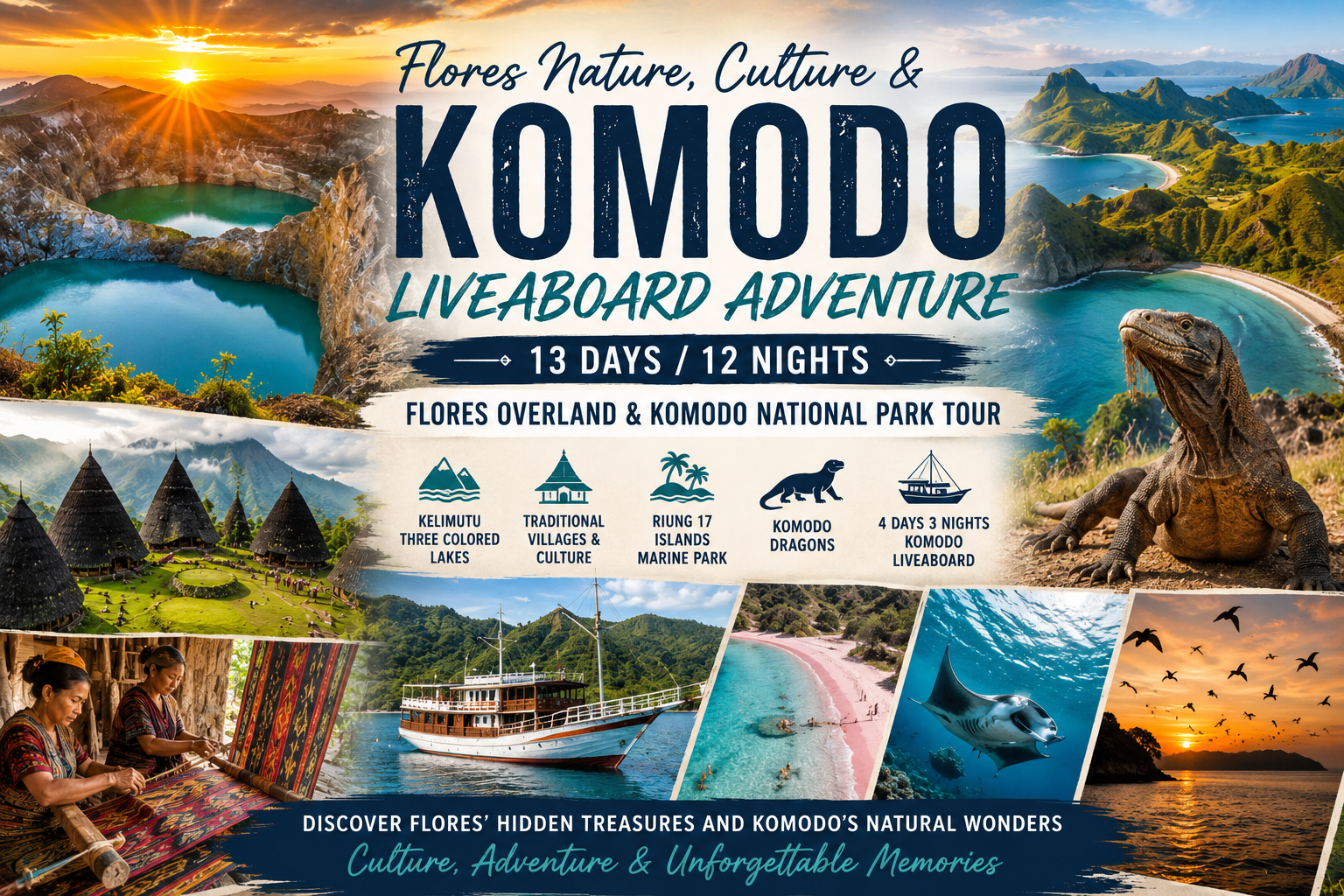 Promotional poster for FloresKomodo liveaboard adventure 13 days12 nights across Flores Komodo National Park with beaches dragons and culture