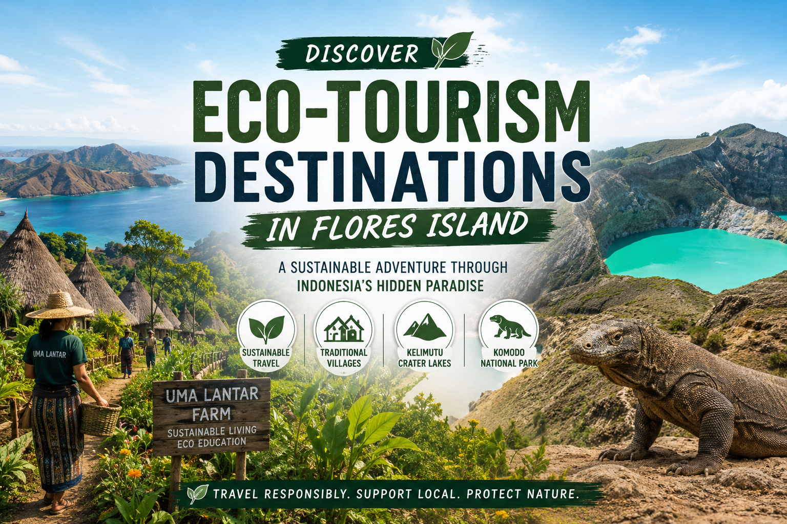 Eco tourism destinations in Flores Island featuring Uma Lantar Farm traditional villages Kelimutu crater lakes and Komodo National Park with a sustainable travel theme Image Title