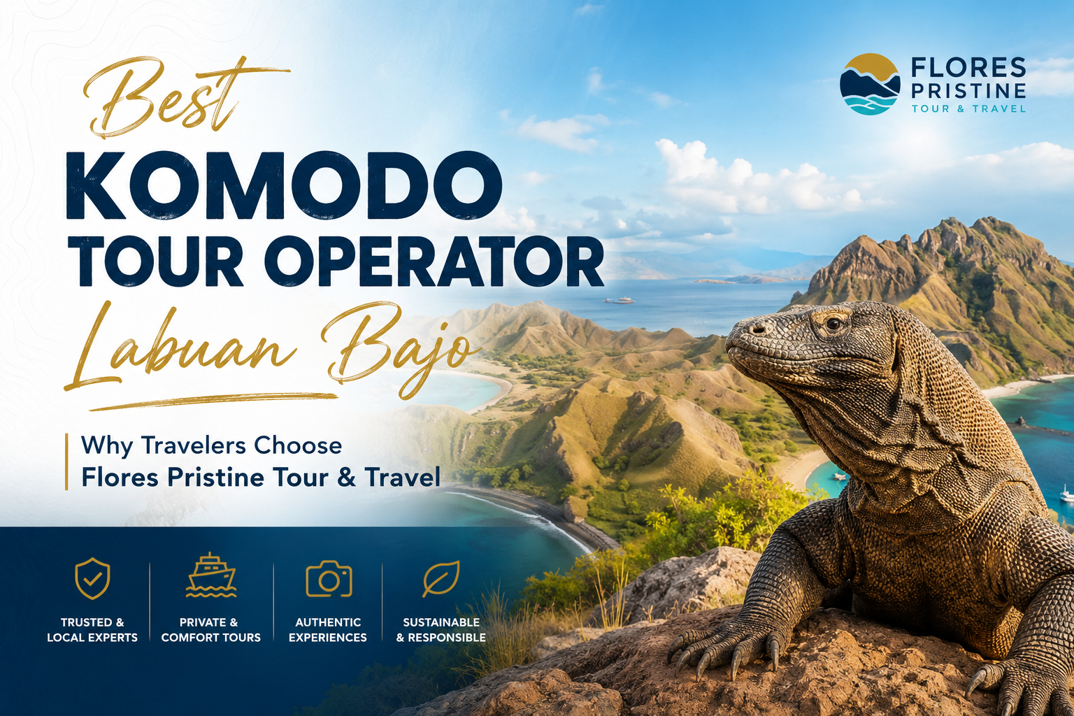 Best Komodo Tour Operator Labuan Bajo  promotional banner featuring a large Komodo dragon in the foreground with the stunning landscape of Komodo National Park including Padar Islands iconic hills turquoise waters and white sand beaches The banner highlights Flores Pristine Tour  Travel as a trusted local tour operator offering private tours authentic experiences comfort and sustainable travel in Labuan Bajo Flores Indonesia