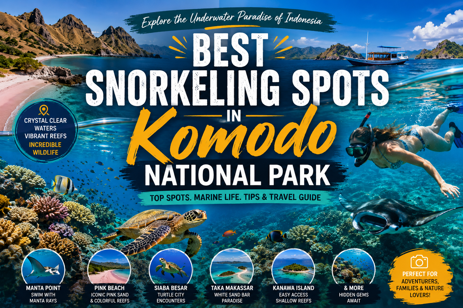 Promotional poster for Komodo National Park snorkeling with a diver turtle manta and colorful reefs