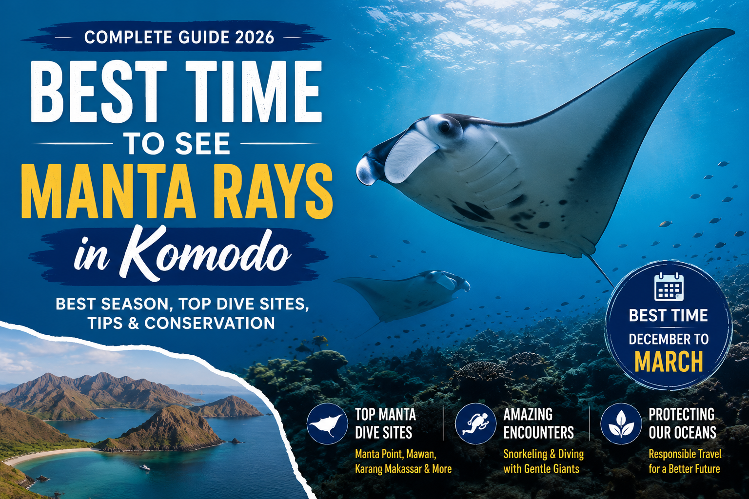 Best Time to See Manta Rays in Komodo  a large manta ray swimming above a colorful coral reef in Komodo National Park Indonesia with scenic Komodo islands in the background Travel guide cover highlighting the best season top dive sites snorkeling experiences and manta ray conservation from December to March