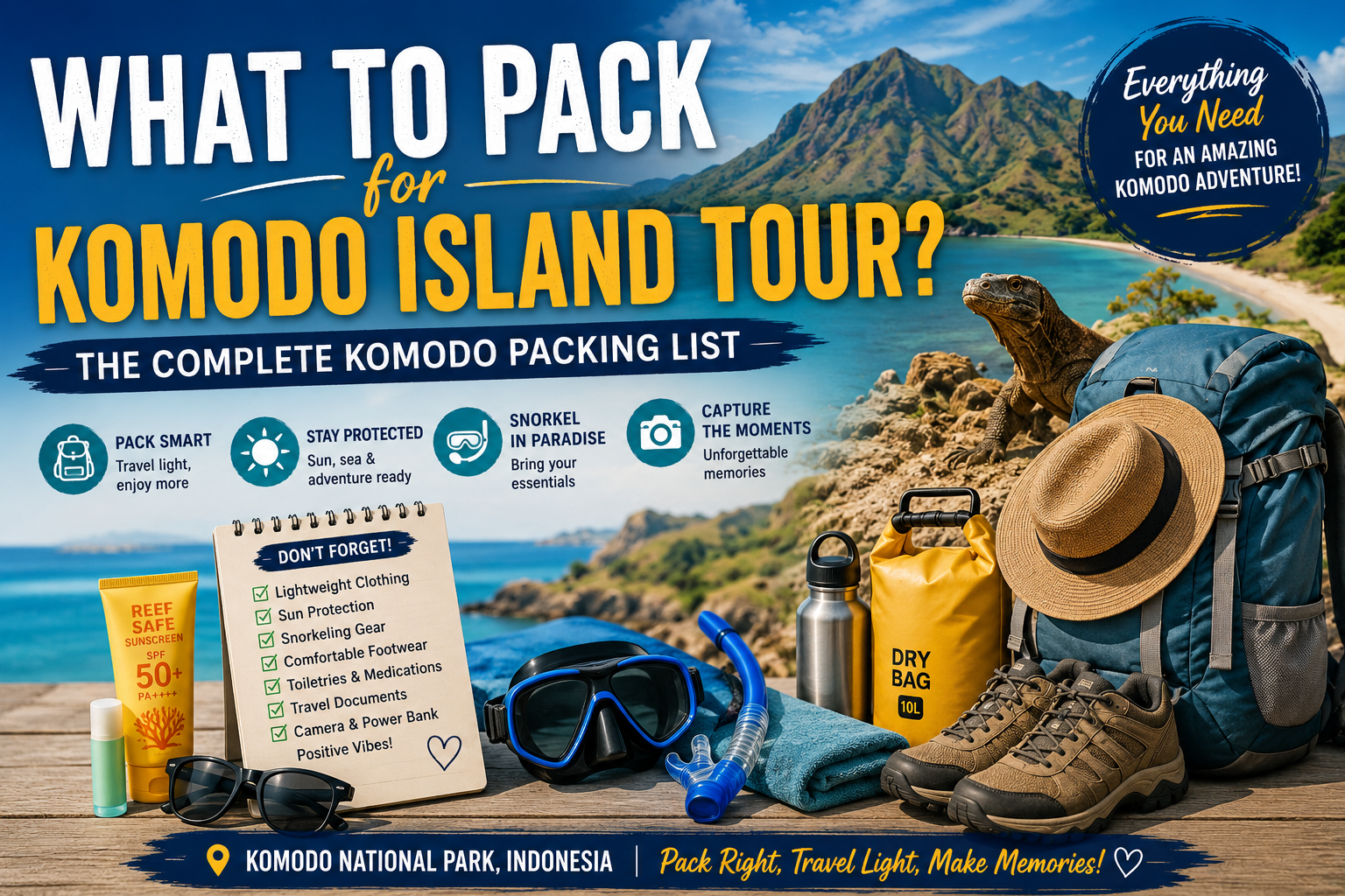 What to Pack for Komodo Island Tour  travel packing guide featuring a backpack hiking shoes dry bag snorkeling mask sunscreen sunglasses water bottle and travel essentials on a scenic Komodo National Park beach A Komodo dragon stands beside the gear with tropical islands and turquoise waters in the background illustrating the complete packing list for a Komodo adventure