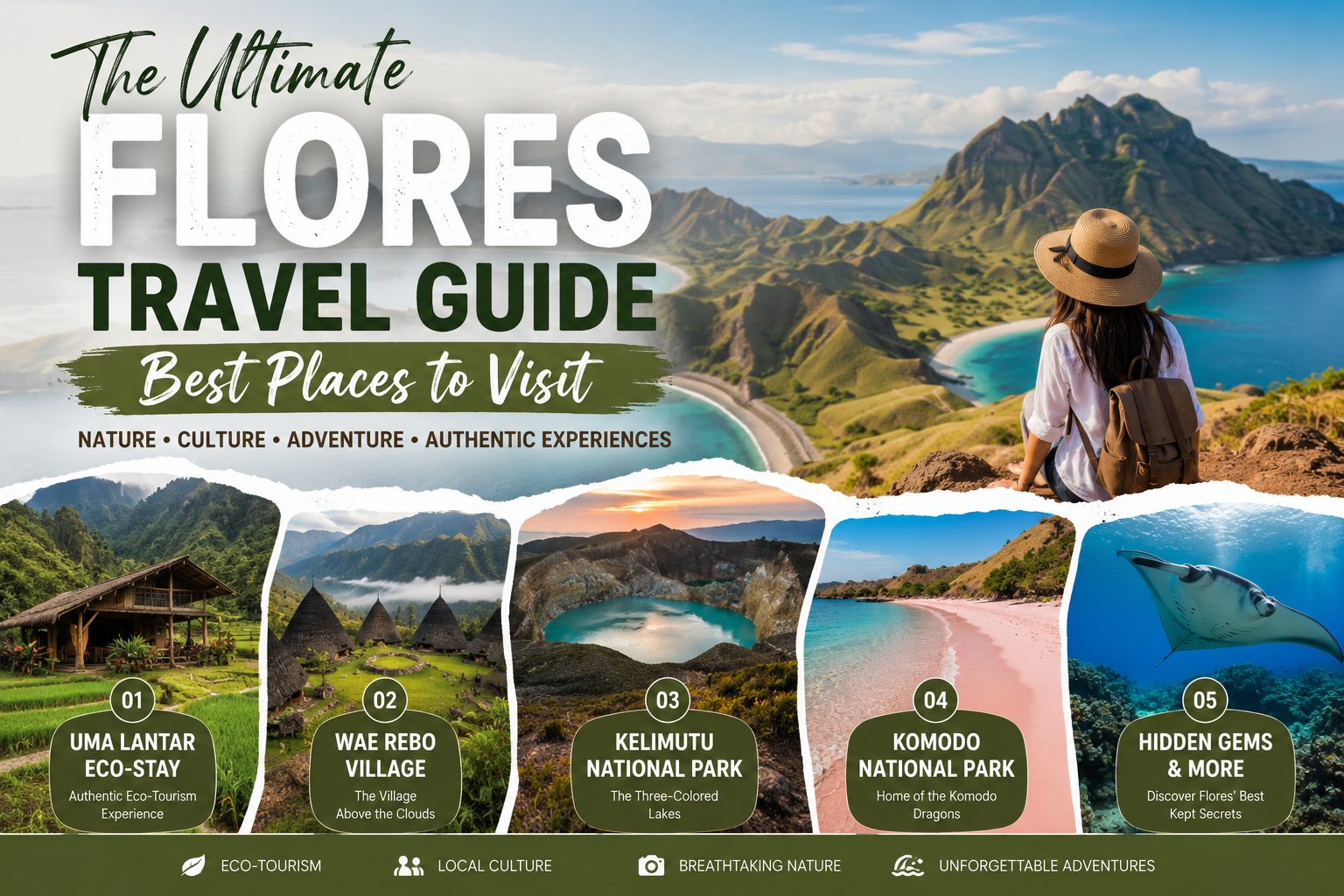 The ultimate flores travel guide best places to visit in flores island | flores komodo tour organizer The Ultimate Flores Travel Guide cover featuring breathtaking landscapes of Flores Island Indonesia including Uma Lantar Eco Stay Wae Rebo Village Kelimutu National Park Komodo National Park pristine beaches and marine life The image highlights the best places to visit in Flores for eco tourism cultural experiences adventure travel and nature exploration