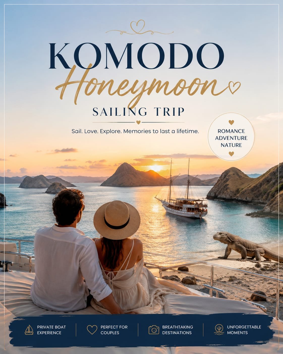 Romantic Komodo honeymoon sailing trip aboard a traditional Phinisi yacht cruising through the turquoise waters of Komodo National Park. The image features a couple enjoying breathtaking views of Padar Island, secluded white-sand beaches, colorful coral reefs, and stunning sunset scenery. This luxury honeymoon adventure combines private sailing, island exploration, snorkeling, and unforgettable moments in one of Indonesia’s most romantic destinations.