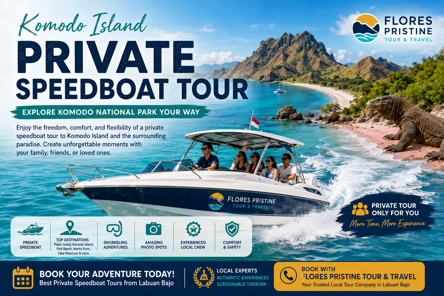 Komodo island private speedboat tour | flores komodo tour organizer Komodo Island private speedboat tour promotional banner featuring a luxury speedboat cruising through the crystal clear turquoise waters of Komodo National Park The image showcases the iconic landscapes of Padar Island pristine white sand beaches and a Komodo dragon on the shoreline Travelers enjoy a private island hopping adventure with snorkeling scenic viewpoints and personalized experiences The banner promotes Flores Pristine Tour Travel as a trusted local operator offering private speedboat tours from Labuan Bajo to Komodo Island Pink Beach Manta Point and other top destinations in Flores Indonesia