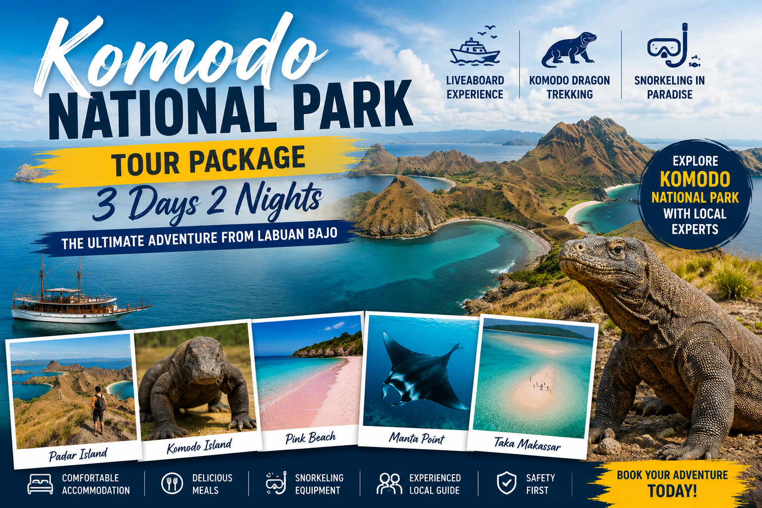 Komodo National Park Tour Package 3 Days 2 Nights featuring Padar Island viewpoint Komodo dragon trekking Pink Beach and snorkeling in Labuan Bajo Indonesia