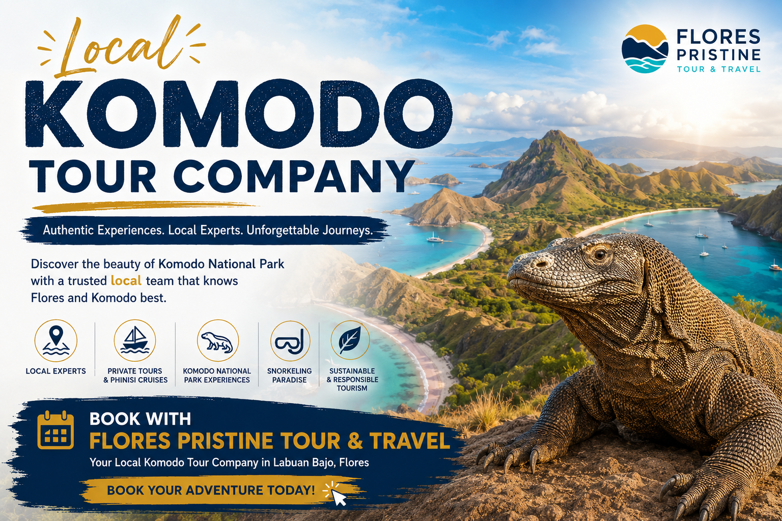 Komodo tour company | flores komodo tour organizer Local Komodo Tour Company promotional banner featuring a Komodo dragon in the foreground with the breathtaking landscape of Komodo National Park including Padar Island turquoise waters white sand beaches and traditional Phinisi boats The image highlights Flores Pristine Tour Travel as a trusted local tour operator in Labuan Bajo offering private Komodo tours authentic local experiences snorkeling adventures sustainable tourism and customized travel packages across Flores and Komodo Island
