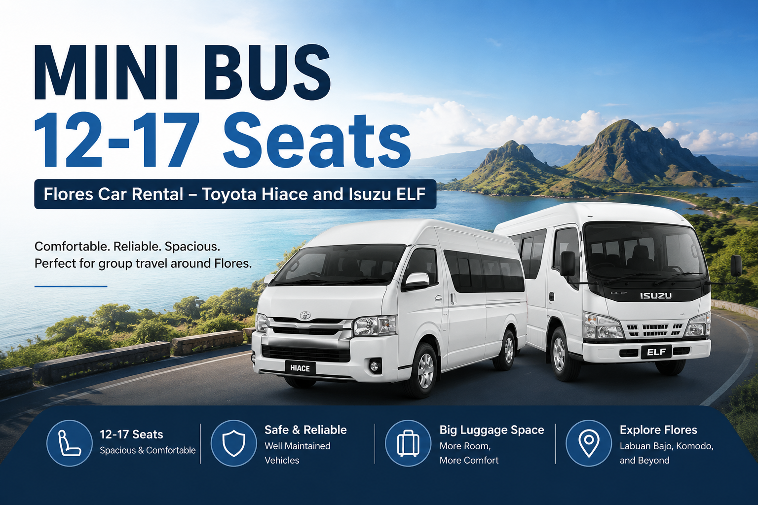 MINI BUS 1217 Seats Flores Car Rental featuring Toyota Hiace and Isuzu ELF minibuses parked on a scenic coastal road with Komodo National Park landscapes in the background Comfortable and spacious group transportation for Flores overland tours airport transfers family vacations and corporate travel in Labuan Bajo and across Flores Island
