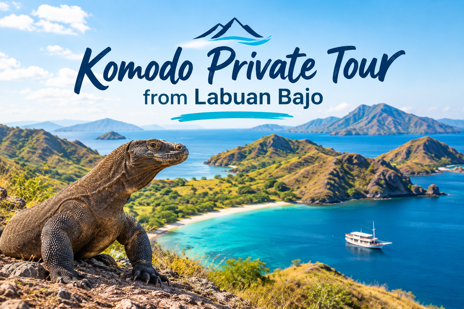 Private Komodo Tour from Labuan Bajo featuring Komodo dragons beautiful islands turquoise waters and a traditional tour boat
