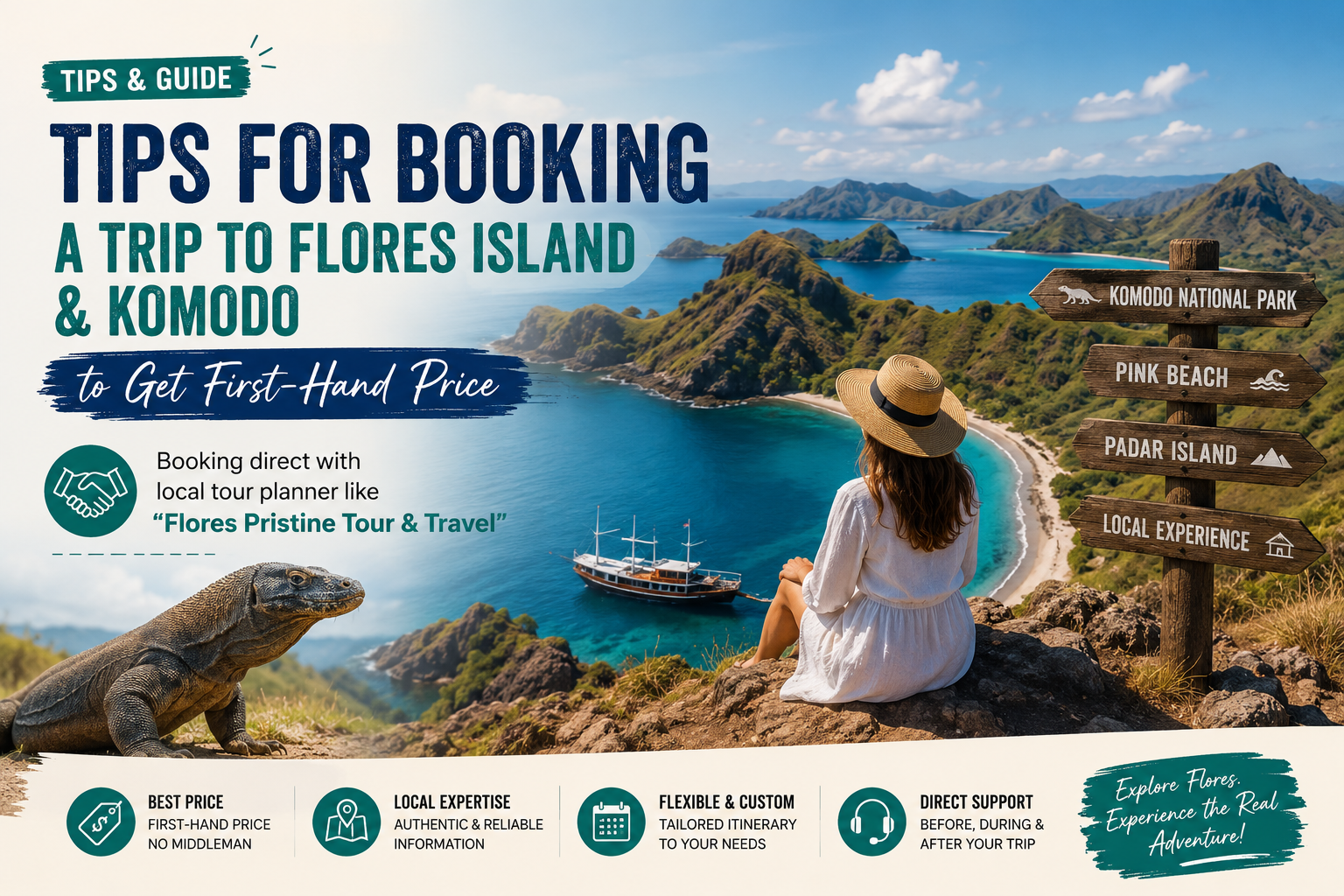 Tips for booking a flores & komodo trip at first hand prices | flores komodo tour organizer Travel promo woman in a hat sits on a cliff overlooking a turquoise bay with a signpost to Komodo National Park and Pink Beach