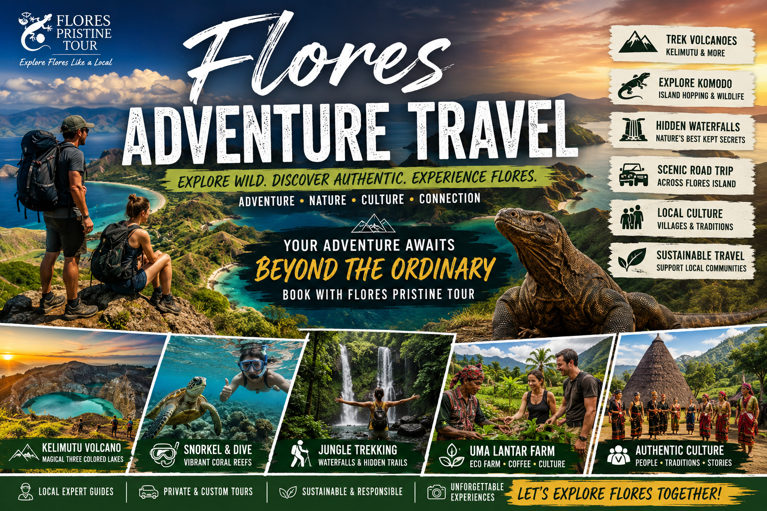 Adventure travelers exploring Flores Island with Flores Pristine Tour, featuring Komodo National Park, Kelimutu Volcano, Uma Lantar Farm, jungle trekking, snorkeling, waterfalls, and authentic cultural experiences in Indonesia.