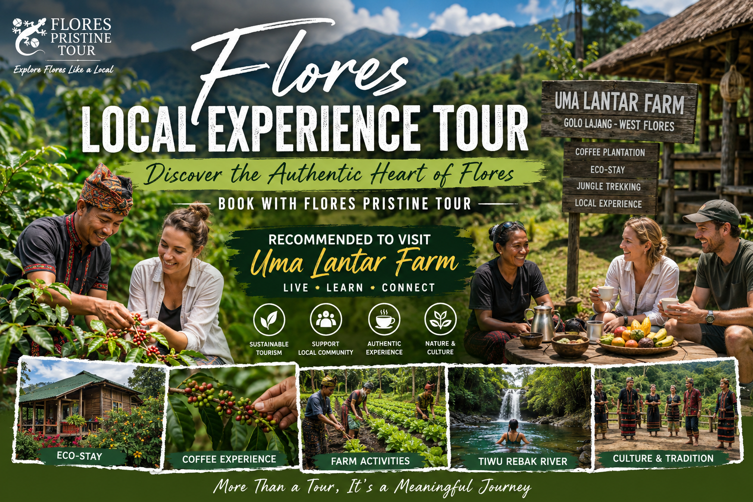 Travelers enjoying a Flores Local Experience Tour at Uma Lantar Farm with Flores Pristine Tour, featuring coffee harvesting, eco-stay, sustainable farming, Manggarai culture, jungle trekking, and authentic village life in West Flores, Indonesia.