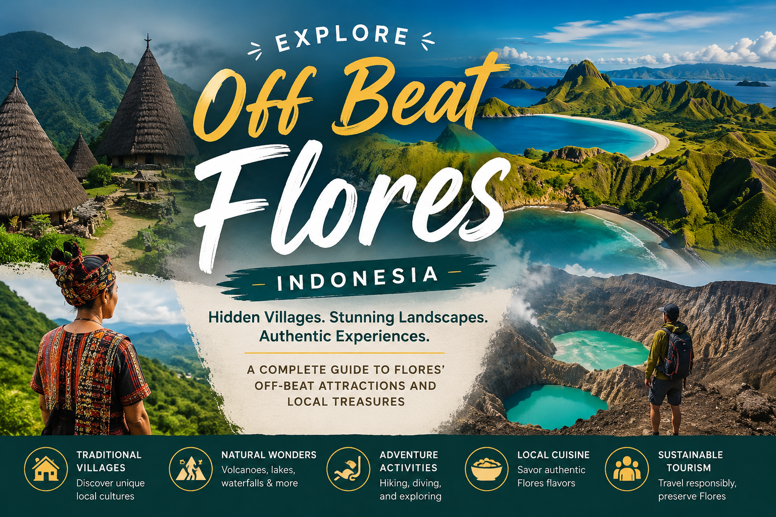 Off Beat Flores, Indonesia featuring traditional villages, Kelimutu Crater Lakes, hidden beaches, lush mountains, and authentic cultural experiences.