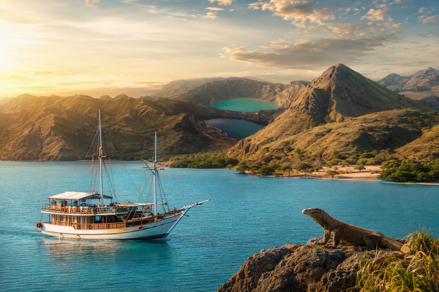 Traditional phinisi boat sailing through turquoise waters during a Komodo boat tour with a Komodo dragon and Flores volcanic hills in the background