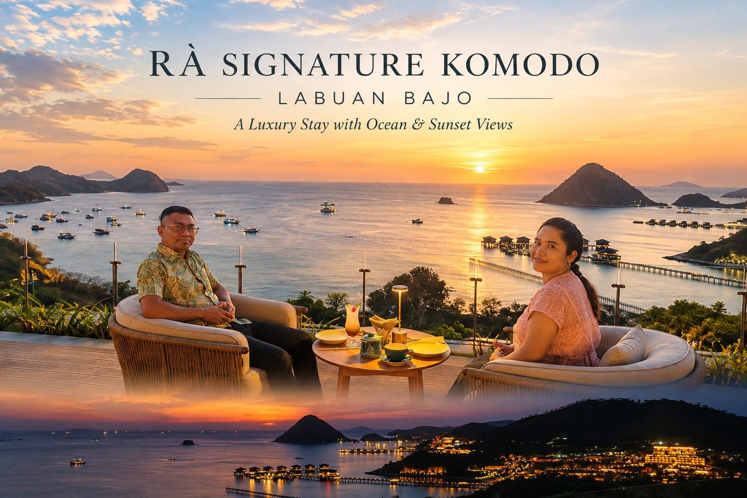 RÀ SIGNATURE KOMODO in Labuan Bajo with luxury ocean and sunset views featuring guests relaxing on a balcony overlooking boats at sunset and a panoramic coastal night view