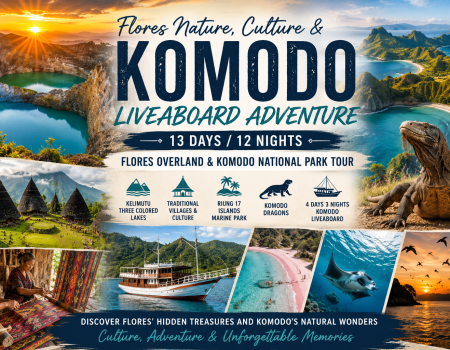 Promotional poster for Flores–Komodo liveaboard adventure: 13 days/12 nights across Flores, Komodo National Park with beaches, dragons, and culture.