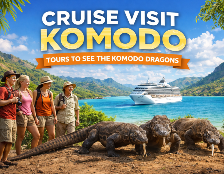 Cruise ship visit Komodo Island with tourists and Komodo dragons in scenic bay