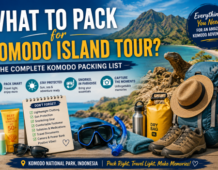What to Pack for Komodo Island Tour – travel packing guide featuring a backpack, hiking shoes, dry bag, snorkeling mask, sunscreen, sunglasses, water bottle, and travel essentials on a scenic Komodo National Park beach. A Komodo dragon stands beside the gear with tropical islands and turquoise waters in the background, illustrating the complete packing list for a Komodo adventure.
