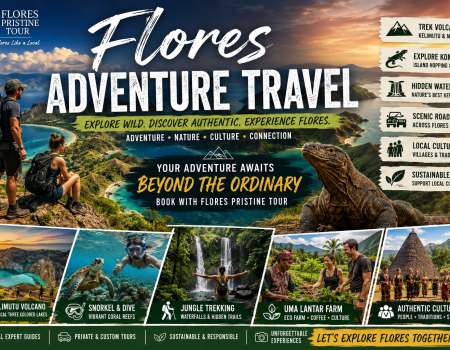 Adventure travelers exploring Flores Island with Flores Pristine Tour, featuring Komodo National Park, Kelimutu Volcano, Uma Lantar Farm, jungle trekking, snorkeling, waterfalls, and authentic cultural experiences in Indonesia.