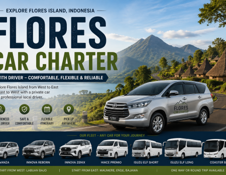Flores car charter with driver traveling through scenic mountains and traditional villages between Labuan Bajo, Ruteng, Bajawa, Ende, and Maumere