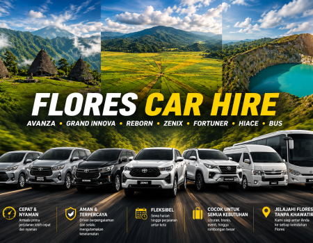 Flores Car Hire by Flores Pristine Tour & Travel featuring Avanza, Grand Innova, Reborn, Zenix, Fortuner, Hiace, and Bus rental services for tours across Flores Island, Indonesia, with scenic backgrounds of traditional villages, green rice fields, and Kelimutu Lake.