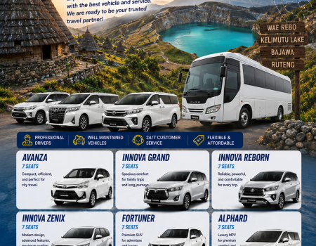 Flores Pristine Tour car rental flyer featuring luxury cars and bus transportation services in Flores Island with scenic backgrounds of Kelimutu Lake, traditional Flores villages, spider web rice fields, and mountain landscapes.