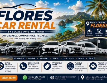 Flores Car Rental by Flores Pristine Tour featuring Avanza, Innova, Reborn, Zenix, Fortuner, Hiace Mini Bus, and Big Bus with scenic Flores Island background in Indonesia