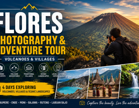 Flores Photography & Adventure Tour promotional cover featuring a photographer overlooking a dramatic volcanic landscape at sunrise, with images of Kelimutu Crater Lakes, traditional Flores villages, and a tropical waterfall. The design highlights a 4-day adventure tour across Flores, Indonesia, exploring volcanoes, villages, scenic landscapes, and cultural experiences from Maumere to Labuan Bajo.