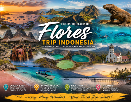 Collage poster promoting Flores, Indonesia: sunset harbor with boats, dramatic coastline and volcanic mountains, a large Komodo dragon on a hill, turquoise lagoons, traditional thatched houses, people in colorful village dress, a white church, palm-fringed beaches and a sunset skyline with the headline 'Flores Trip Indonesia'.