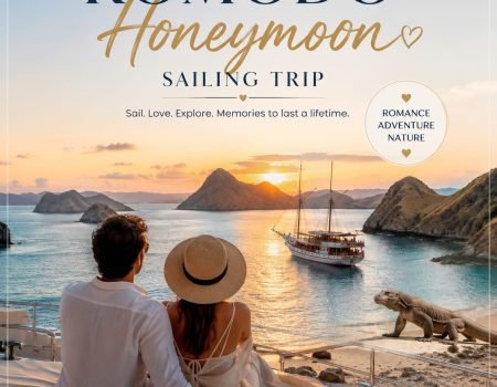 Romantic Komodo honeymoon sailing trip aboard a traditional Phinisi yacht cruising through the turquoise waters of Komodo National Park. The image features a couple enjoying breathtaking views of Padar Island, secluded white-sand beaches, colorful coral reefs, and stunning sunset scenery. This luxury honeymoon adventure combines private sailing, island exploration, snorkeling, and unforgettable moments in one of Indonesia’s most romantic destinations.