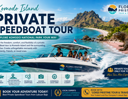 Komodo Island private speedboat tour promotional banner featuring a luxury speedboat cruising through the crystal-clear turquoise waters of Komodo National Park. The image showcases the iconic landscapes of Padar Island, pristine white-sand beaches, and a Komodo dragon on the shoreline. Travelers enjoy a private island-hopping adventure with snorkeling, scenic viewpoints, and personalized experiences. The banner promotes Flores Pristine Tour & Travel as a trusted local operator offering private speedboat tours from Labuan Bajo to Komodo Island, Pink Beach, Manta Point, and other top destinations in Flores, Indonesia.