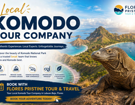 Local Komodo Tour Company promotional banner featuring a Komodo dragon in the foreground with the breathtaking landscape of Komodo National Park, including Padar Island, turquoise waters, white-sand beaches, and traditional Phinisi boats. The image highlights Flores Pristine Tour & Travel as a trusted local tour operator in Labuan Bajo, offering private Komodo tours, authentic local experiences, snorkeling adventures, sustainable tourism, and customized travel packages across Flores and Komodo Island.